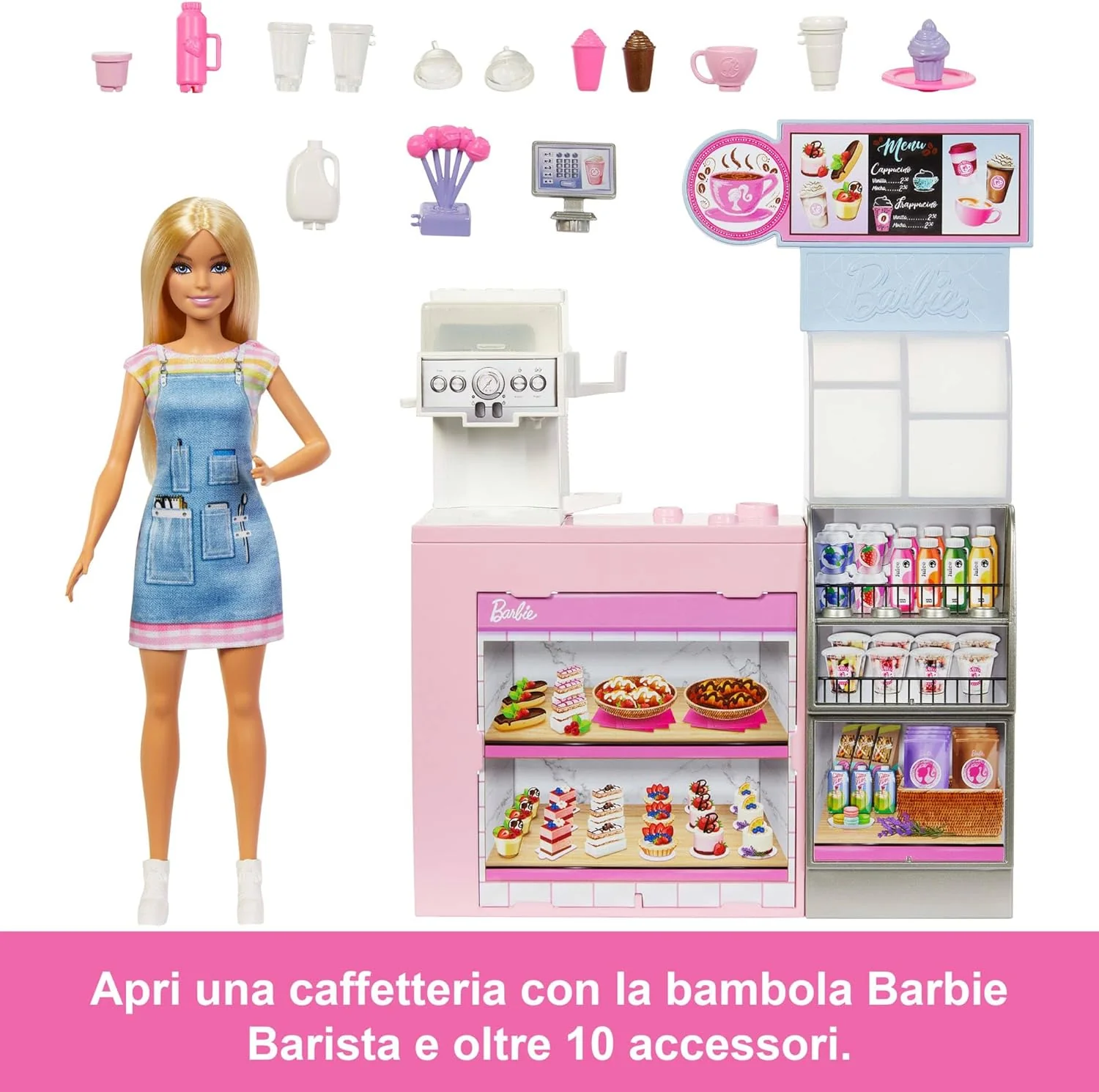 Barbie Caffetteria, Playset Con Bambola Barista Bionda, Macchinetta Per Il Caffè Funzionante E Oltre 10 Accessori - Image 3