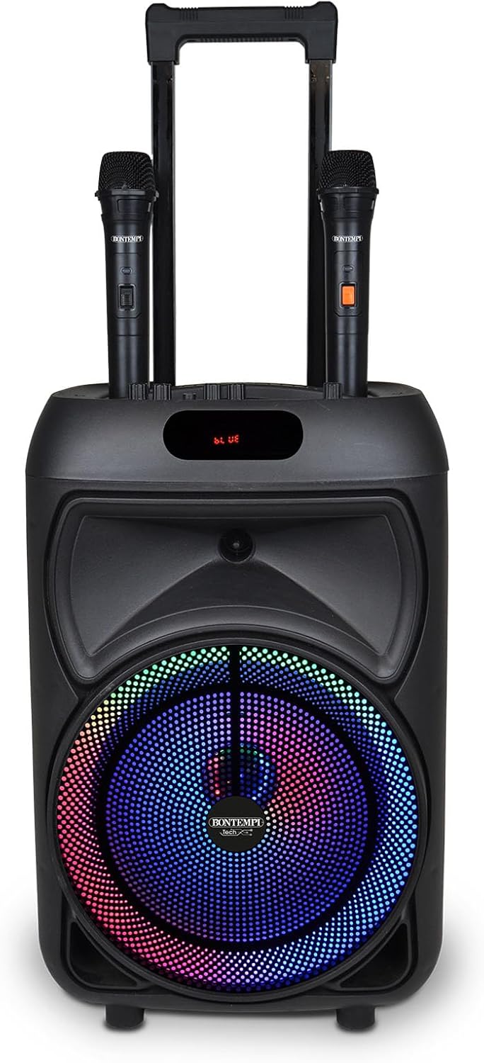 Cassa Amplificatore Trolley Karaoke con 2 Microfoni Wireless, luci RGB e display - Image 6