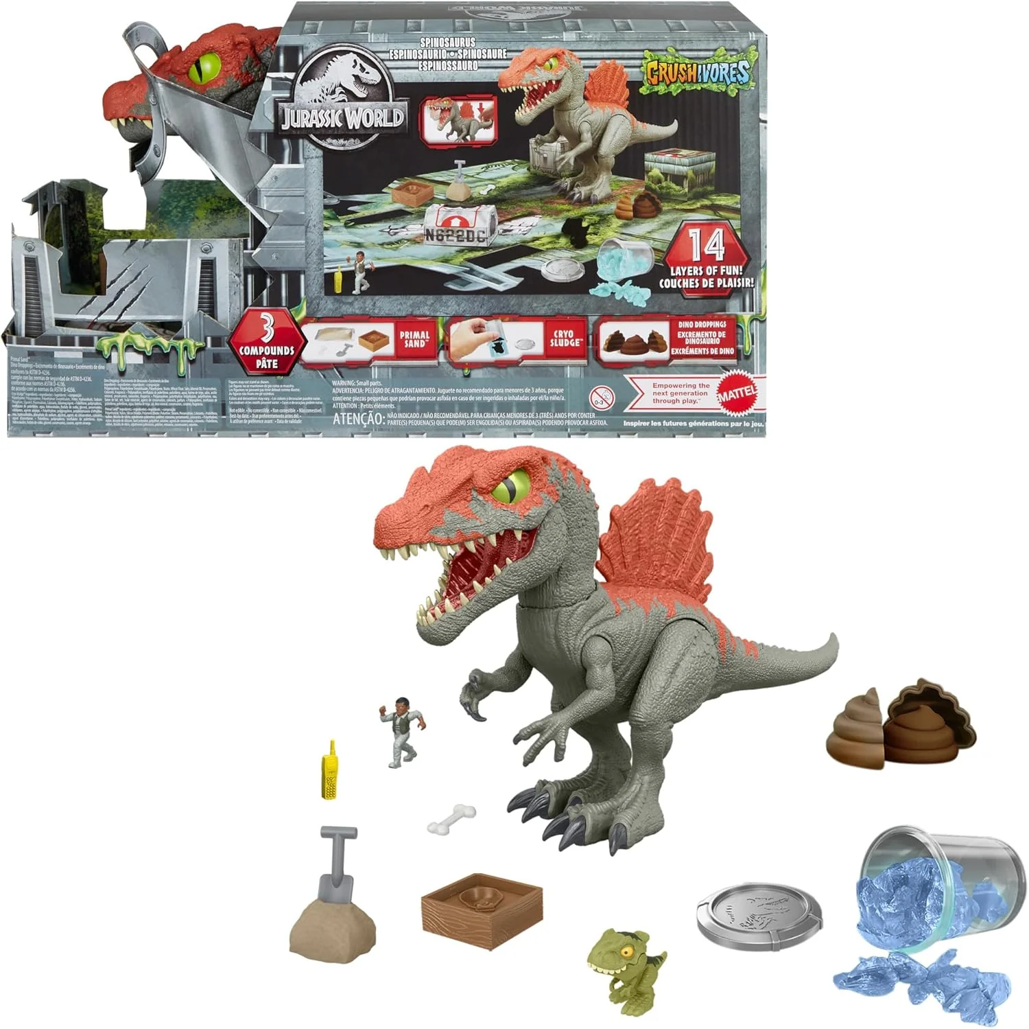 Jurassic World Crushivores - Spinosauro Cage Crasher con accessori a sorpresa