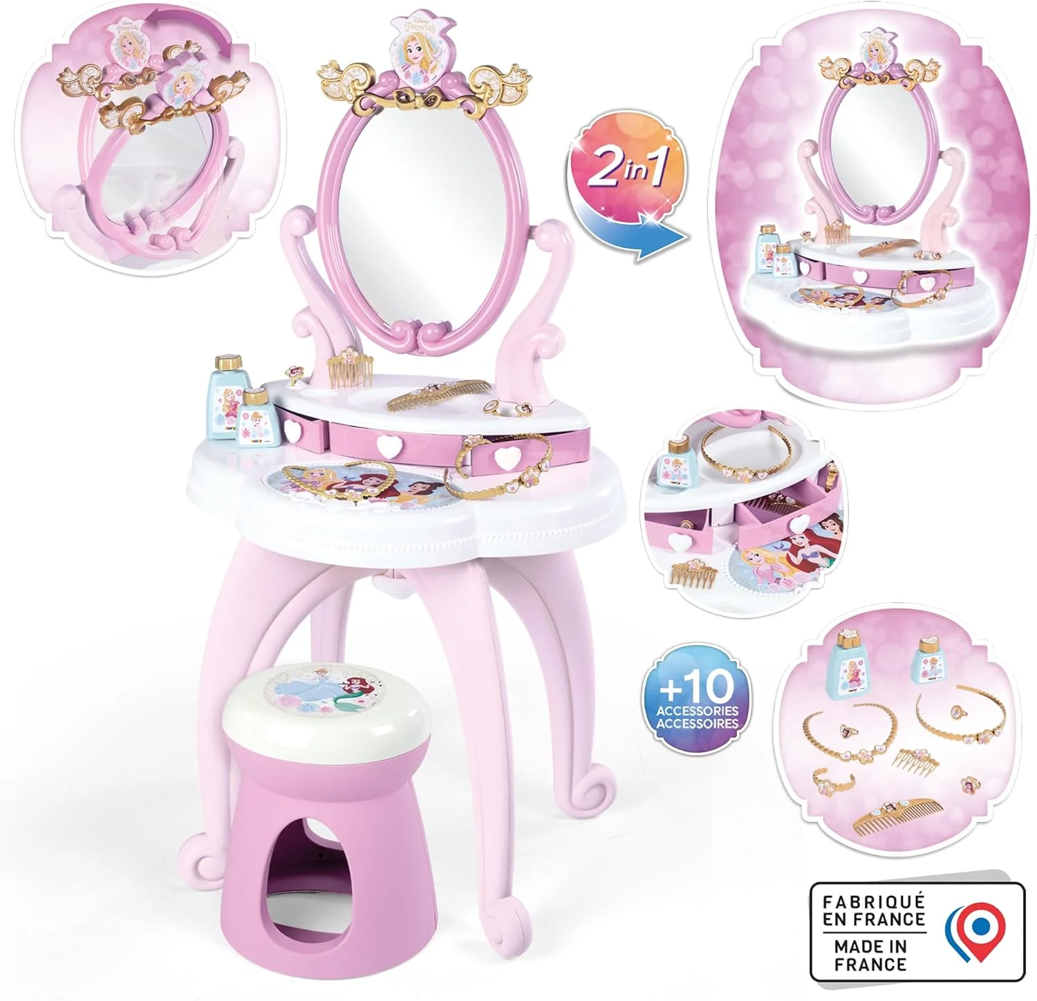 Smoby - Disney Princess specchiera 2 in 1 con sgabello, specchio girevole e 10 accessori - Image 3