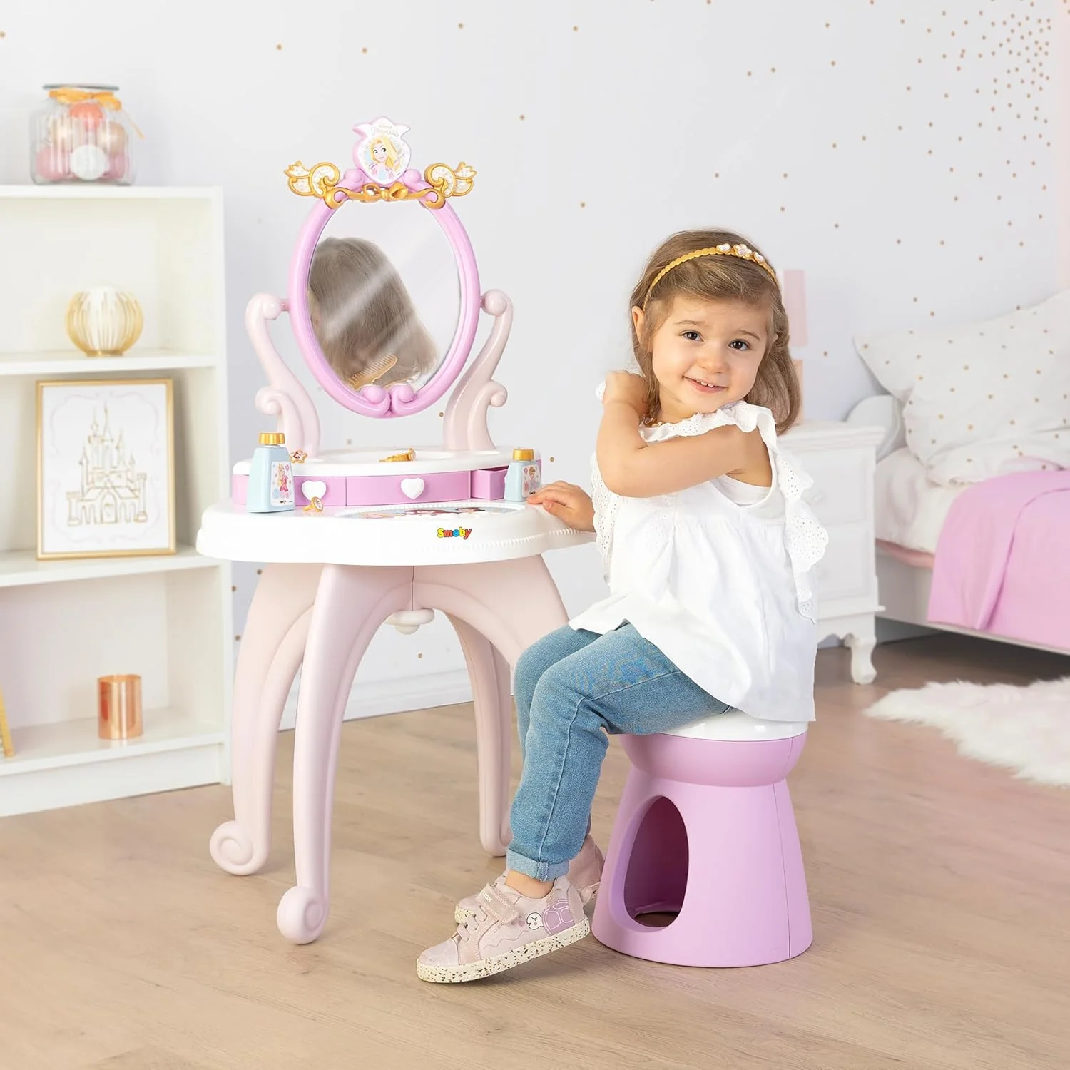 Smoby - Disney Princess specchiera 2 in 1 con sgabello, specchio girevole e 10 accessori - Image 5